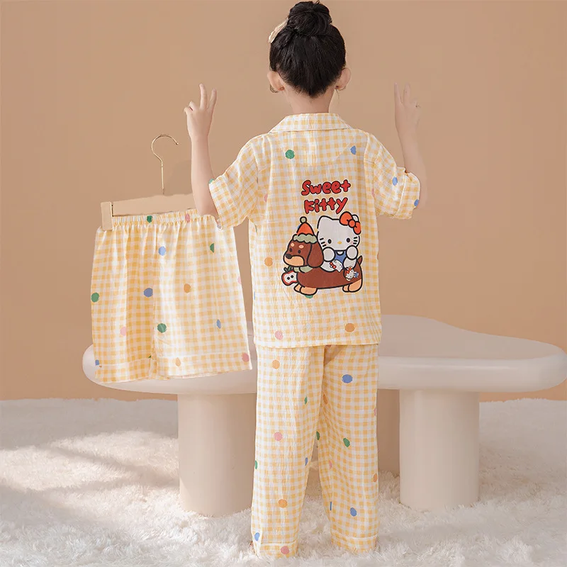 

Saniro Hello Kitty Clothes Set Short Sleeve 3Pcs Tshirt+Short Big Girls (8-14Y) Summer New Clothing Girls Casual Loose Clothes