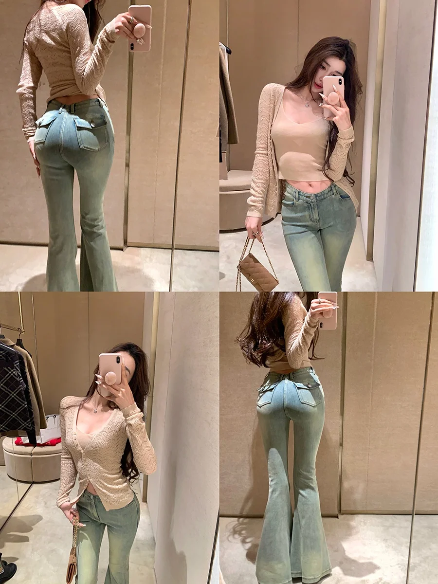 

Achi Low Waist Bell Bot Denim Jeans Women's Slim Fit Waed Cotton Vintage Blue Jeans Ladies Faion Spring