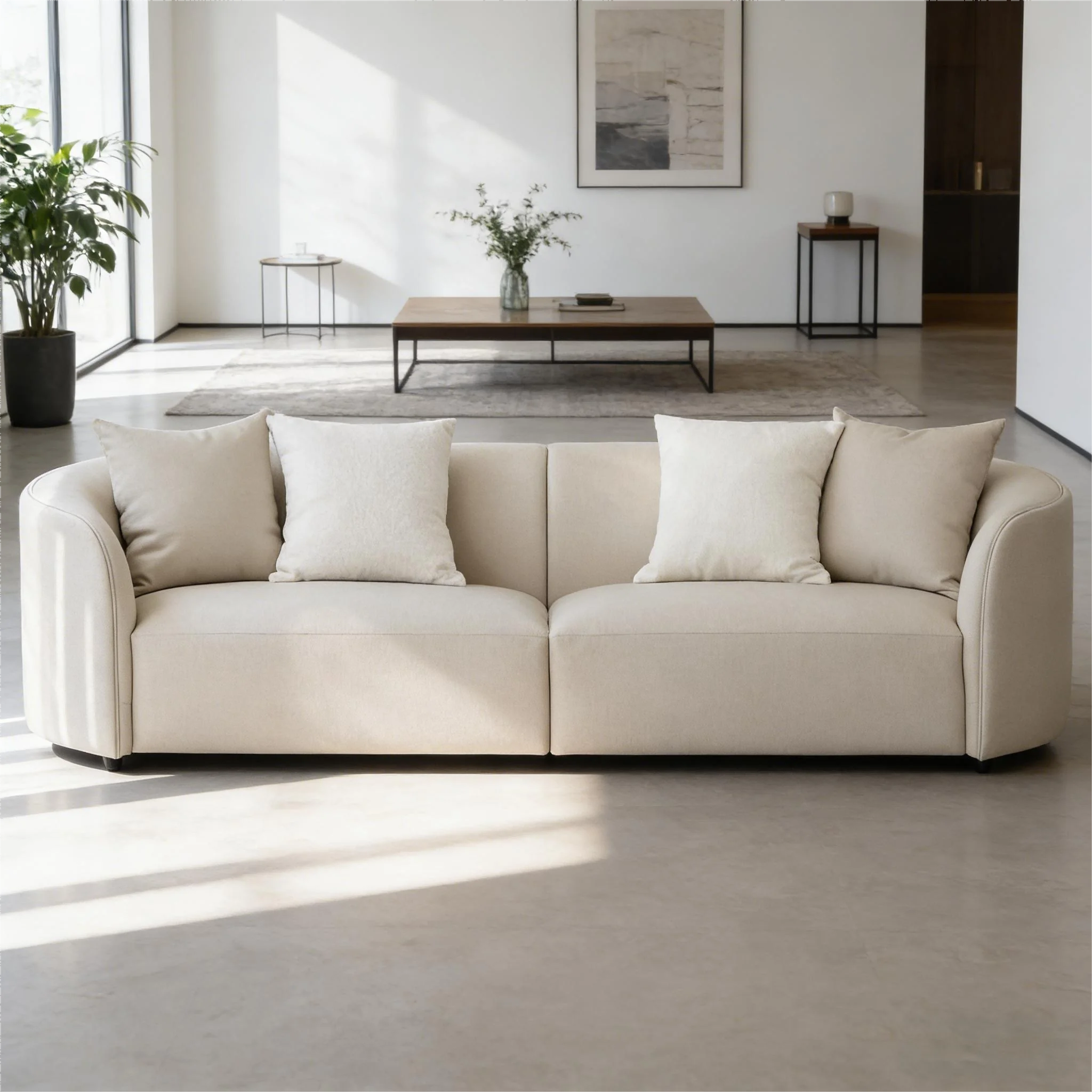 Light Beige Fleece Modular Two Seat Multi-pillow Sofa Set Minimalist Light Luxury Style Living Room Simple Shape Fabric Sofa