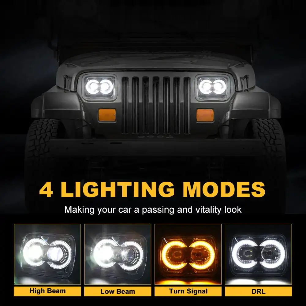 5x7 Inch Led Headlights for Jeep Wrangler YJ Cherokee XJ H4 Plug Amber Angel Eyes running lights for cars 12v Drl 7x6\'\' Headlamp