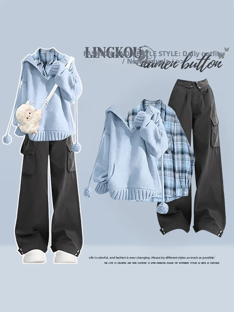 

Faionable Large Size Spring Outfit Women's Korean Sle High Waist Plaid irt Slimming Workwear Pants Tee-Piece Set