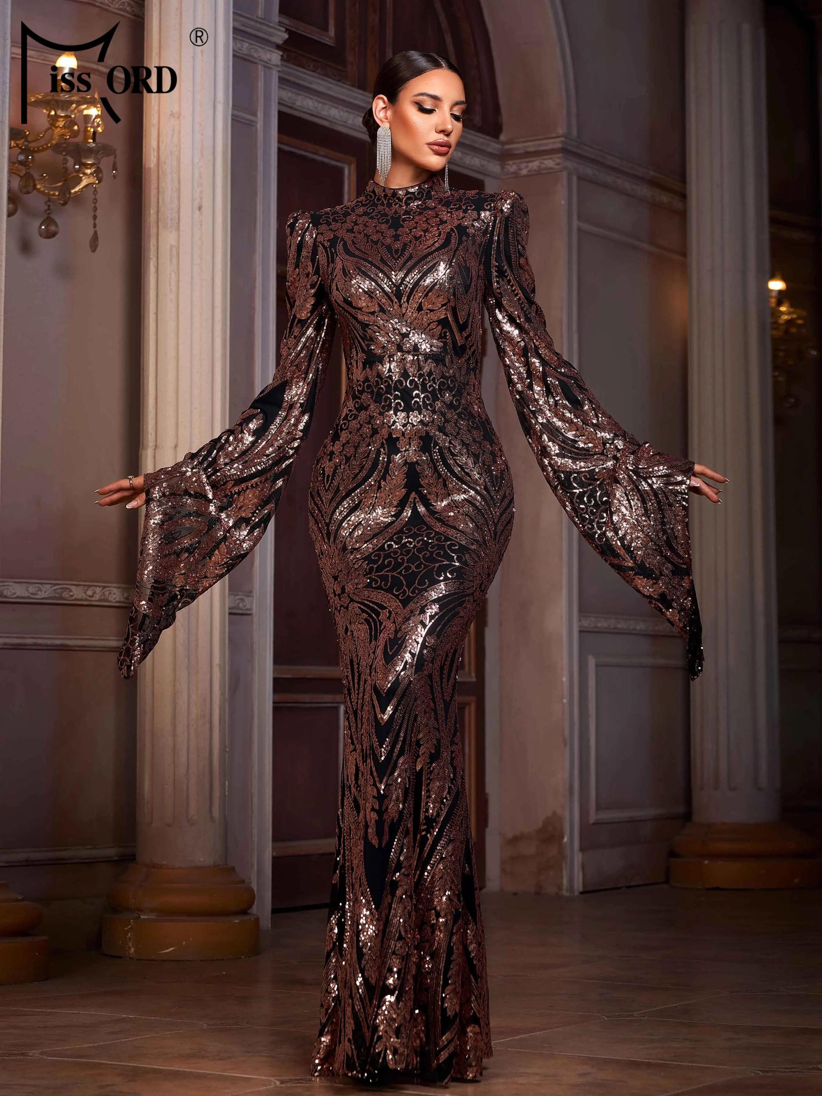 Missord New Round Neck Flare Sleeve Sequin Mermaid Evening Gown Geometry Wedding Birthday Party Formal Occasion Maxi Dresses