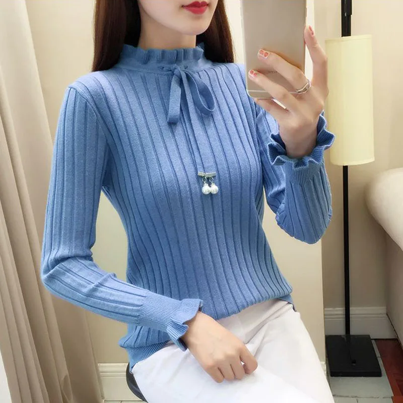 Lucyever Autumn Winter Knitted Sweater Women 2022 Fashion Ruffles Neck Long Sleeve Knitwear Woman Korean Elastic Slim Pullover