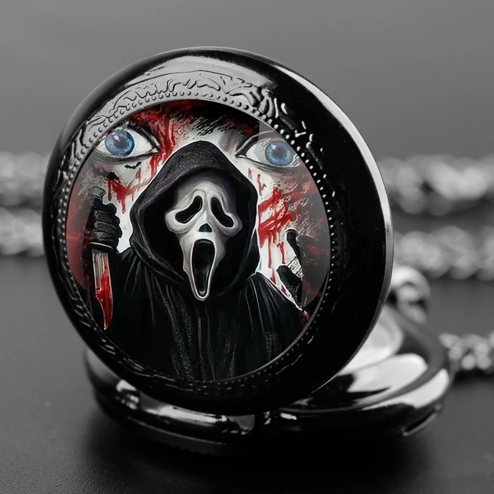 Halloween Ghost Accessory Glass Dome Vintage Arabic Numerals Quartz Pocket Watch Necklace Pendant Clock Chain Men Women for Kids