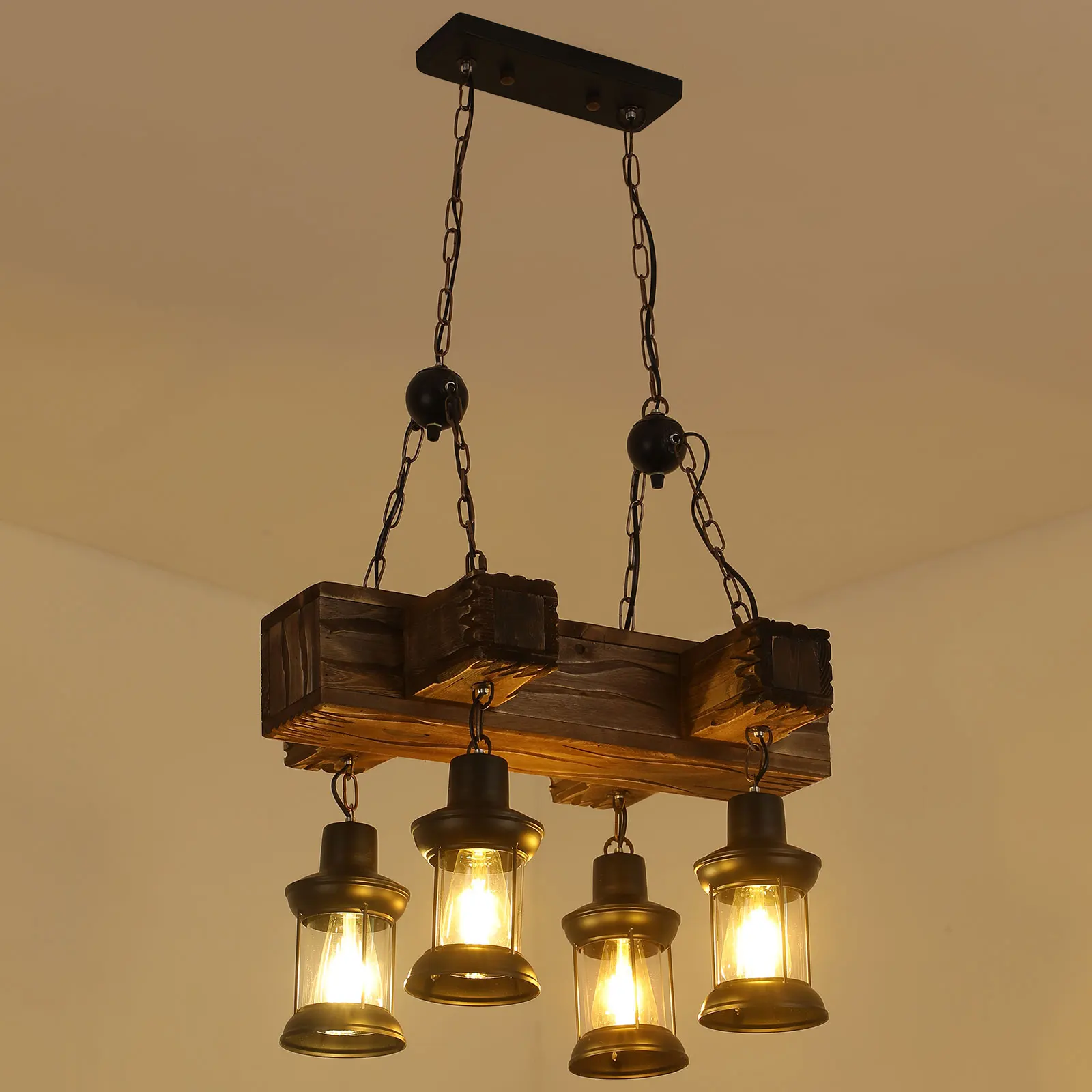 Rustykalny drewniany żyrandol Vintage wyspa wisiorek lampa do pokoju oprawa do oświetlenie przemysłowe 4 lampy wiszące