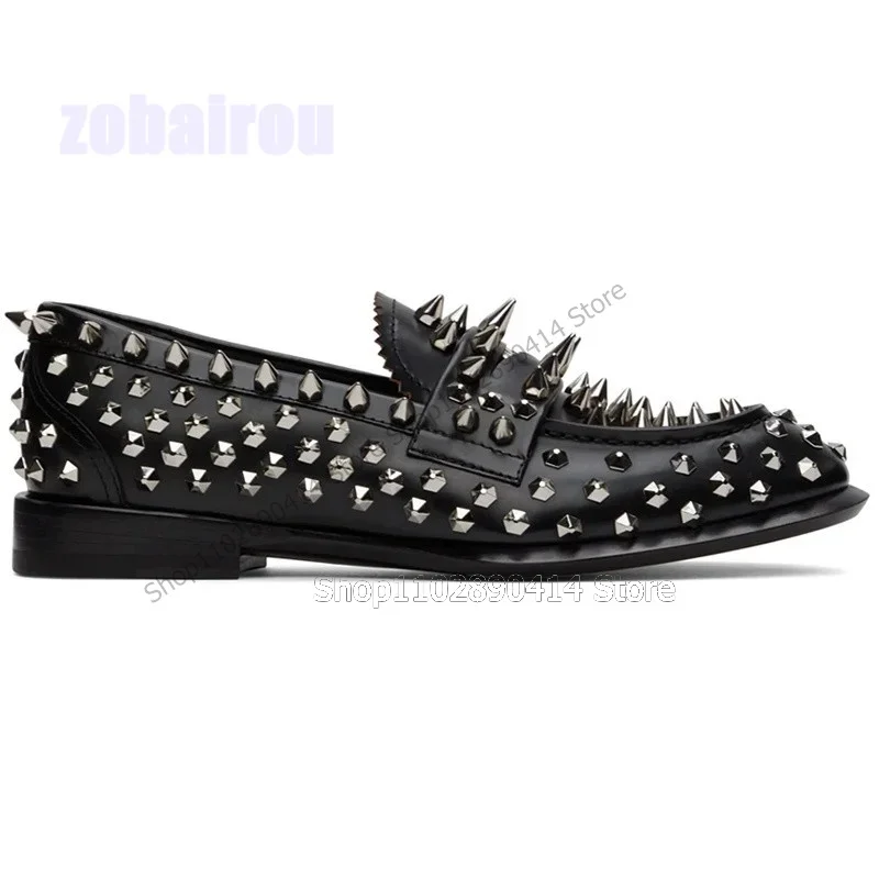 

Silver Long Spikes Decor Black Leather Loafers Fashion Slip On Men Shoes Luxury Handcraft Party Banquet Office Men Dress Shoes