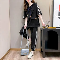 Oversized Pants Sets Women Summer New Cotton Korean Fashion Hooded T-shirt and Sweatpants Sporty Casual Two Piece Sets for Women