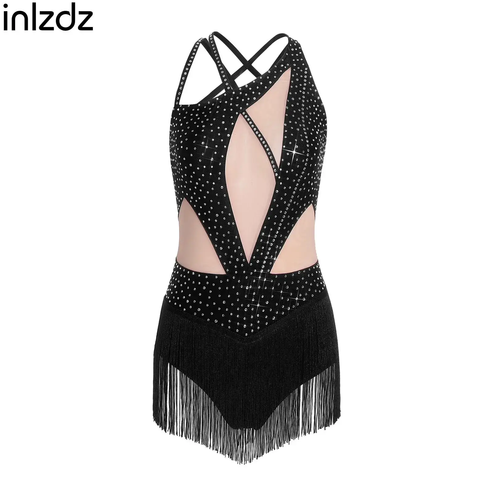 

Adult Women Tassel Latin Dance Chacha Samba Rumba Performance Costumes Rhinestone Mesh Leotard Bodysuit for Party Competition