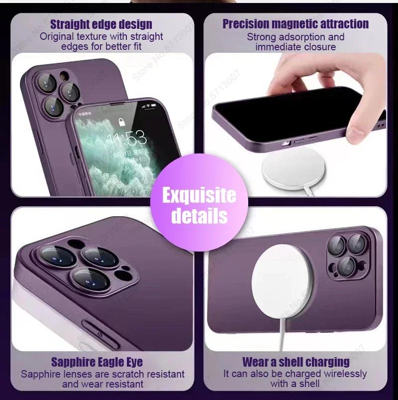 Matte For Magsafe Magnetic Wireless Charging Case For iPhone 15 14 13 12 11 Pro Max Plus Glass Lens Protector Shockproof Cover