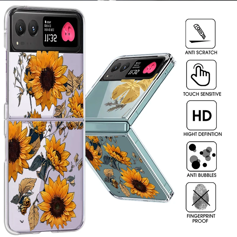 Zonnebloemen Patroon Clear Telefoon Case Voor Motorola Razr 50 40 Ultra Razr 40 Razr 50 Schokbestendige Bumper Transparante Opvouwbare Hard Cover