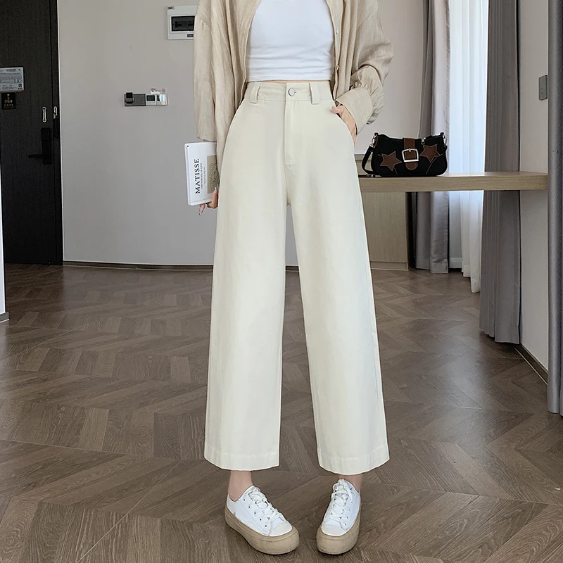 Seoulish Autumn New Ankle Length Women\'s Pants High Waist Straight Wide Leg Pants for Women Casual Lady Cotton and Linen Pants