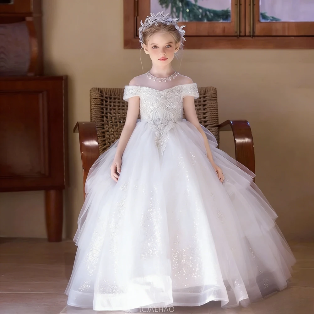 2026 Girls Evening Fashion Princess Dress Flower Children Host Pageant Sequin Performance Gown Kids Party Formal Sparkly Outfit