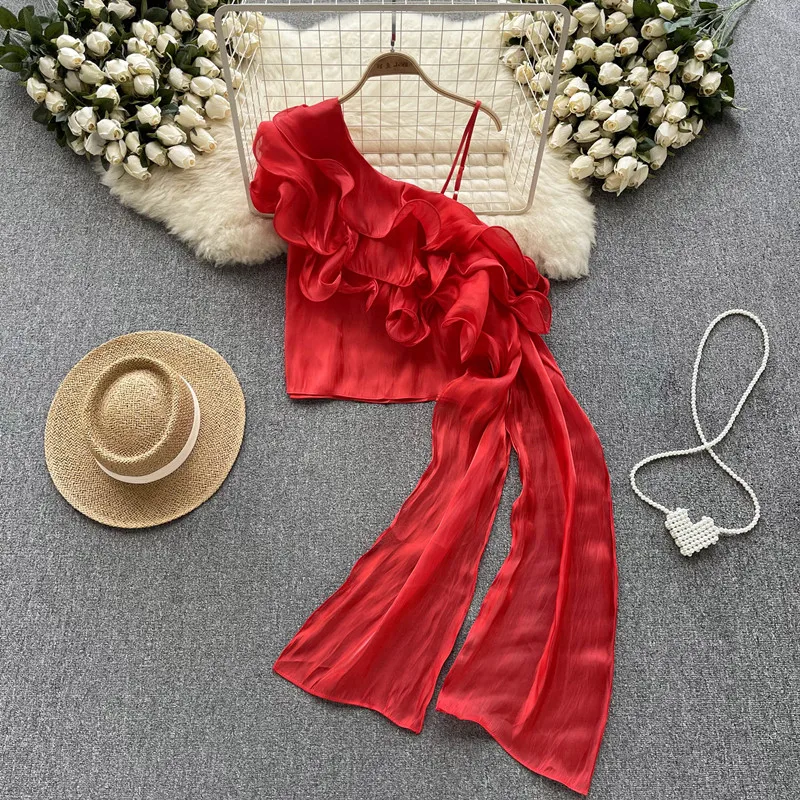 2023 Summer New Temperament fashion high-end Oblique shoulder sling ruffled irregular chiffon top trend blouses