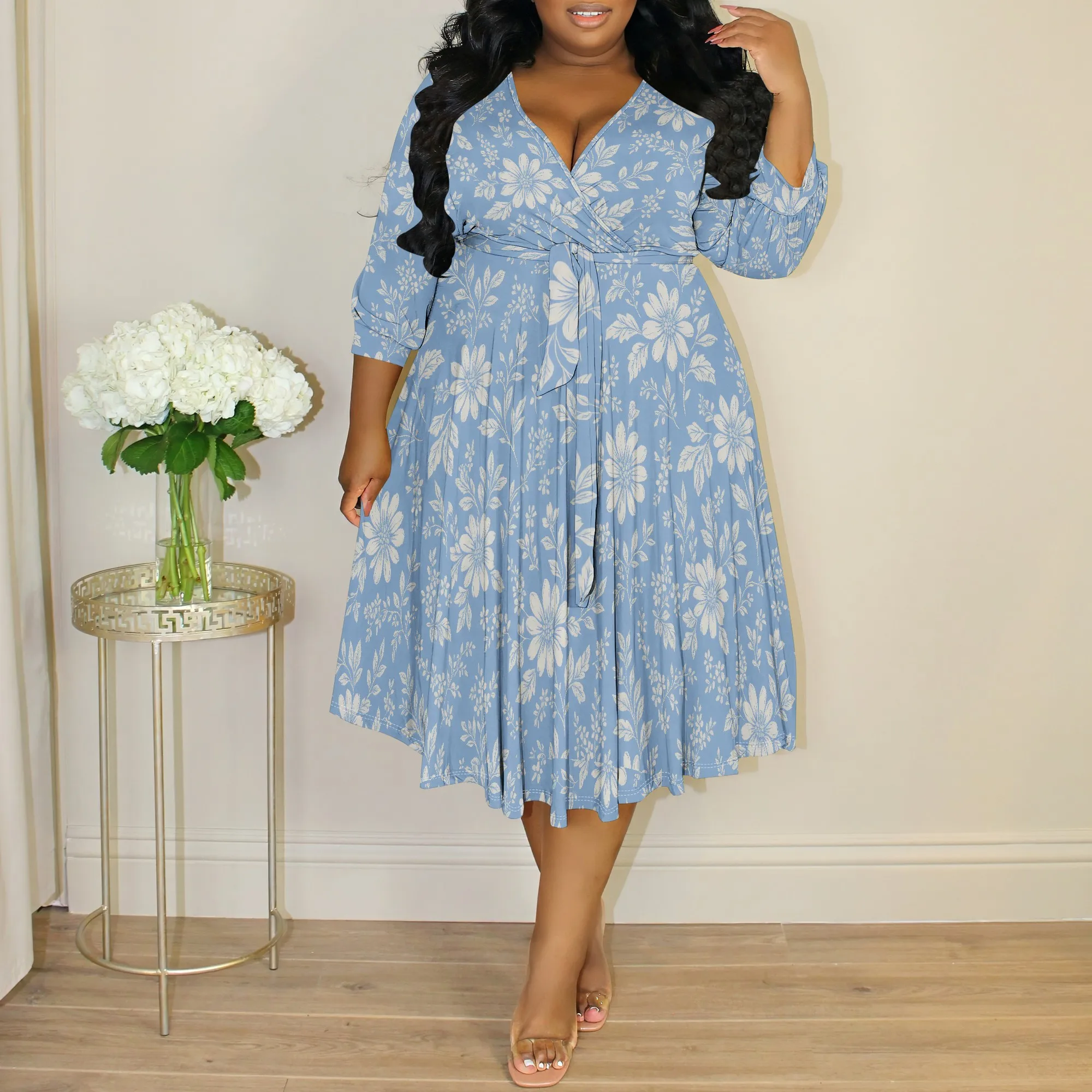 Women's 2025 Summer Floral V Neck Midi Dress Boho Short Sleeve High Waist Flowy Beach Vacation Dresses with Belt