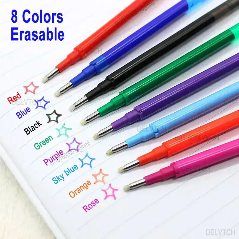 8Pcs/Set 0.7mm Erasable Gel Pen Refill Blue Black 8 Color Ink Rod Bullet Tip Office School Writing Stationery Washable Handle