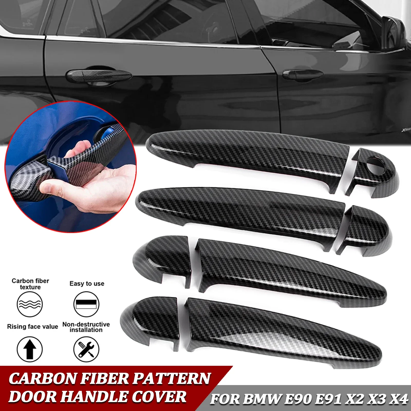 Exterior Carbon Fiber Style Door Handle Cover Molding Trim Decoration For BMW 3 Series E90 E91 Sedan X1 X2 X3 X4 X5 X6 2005-2019