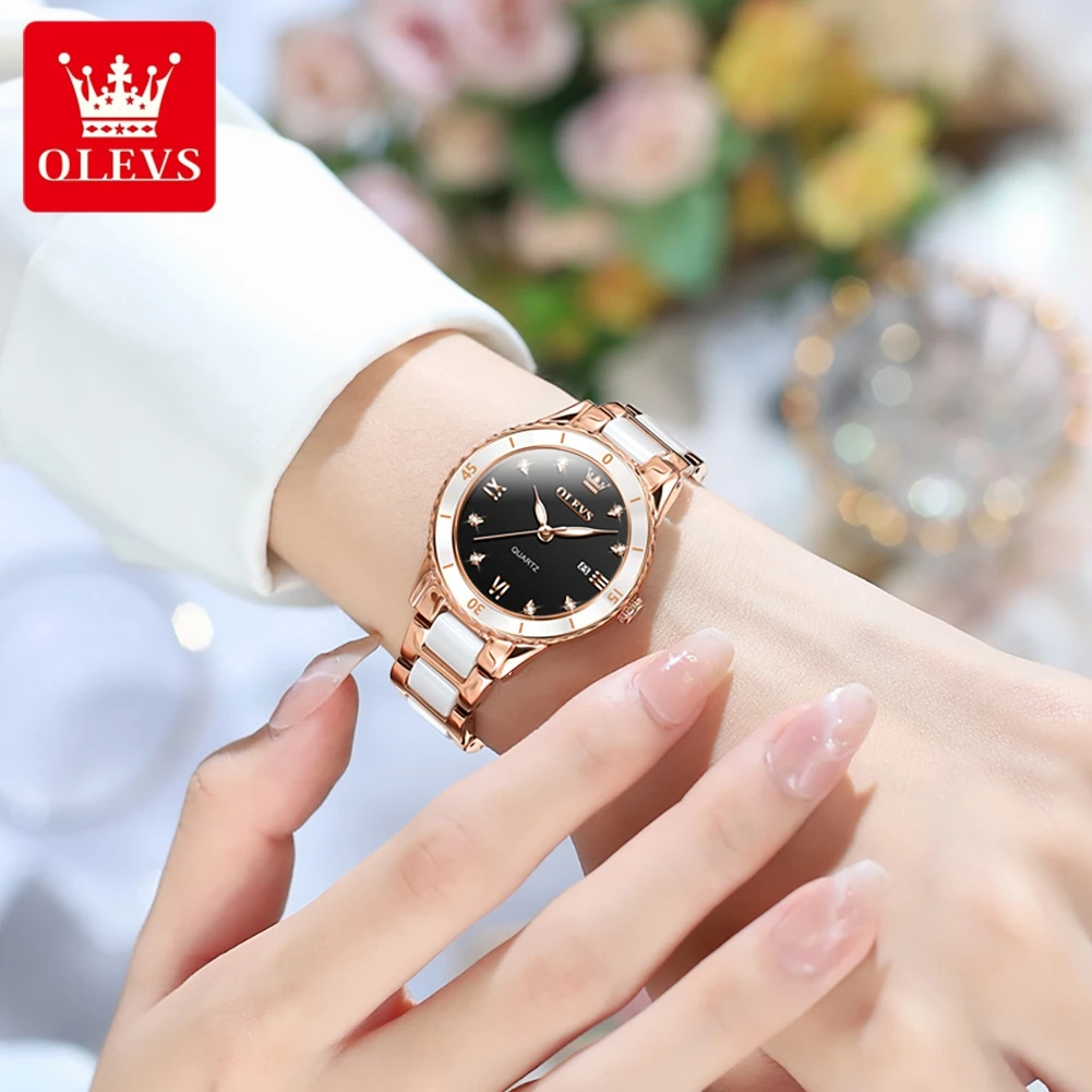 OLEVS 9985 Orologio da donna di lusso elegante cinturino in ceramica orologio da polso al quarzo impermeabile luminoso orologio da donna con data set regalo