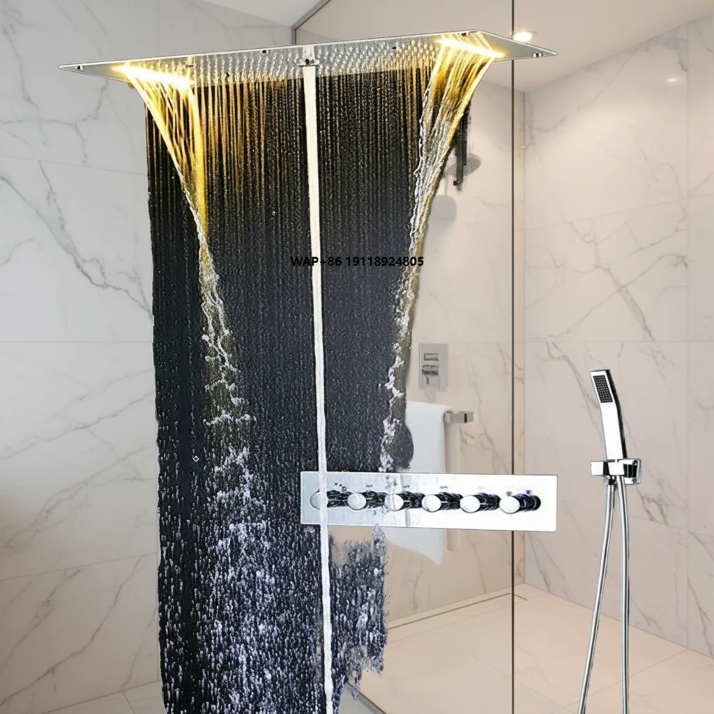 Luxury Hotel Bathroom Chrome Polished Thermostatic Hot/Cold Faucets Shower Set Multifunction Exposed Shower Rain 6-Handle Shower