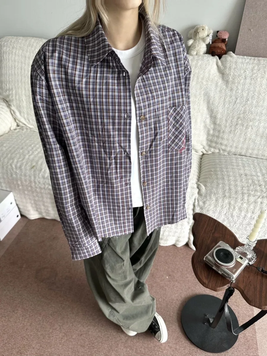 

Retro American Purple Plaid Embroidery Men's Long Sve irt CleanFit Carved ort Sve irt Loose Fit Breathable Polyes...