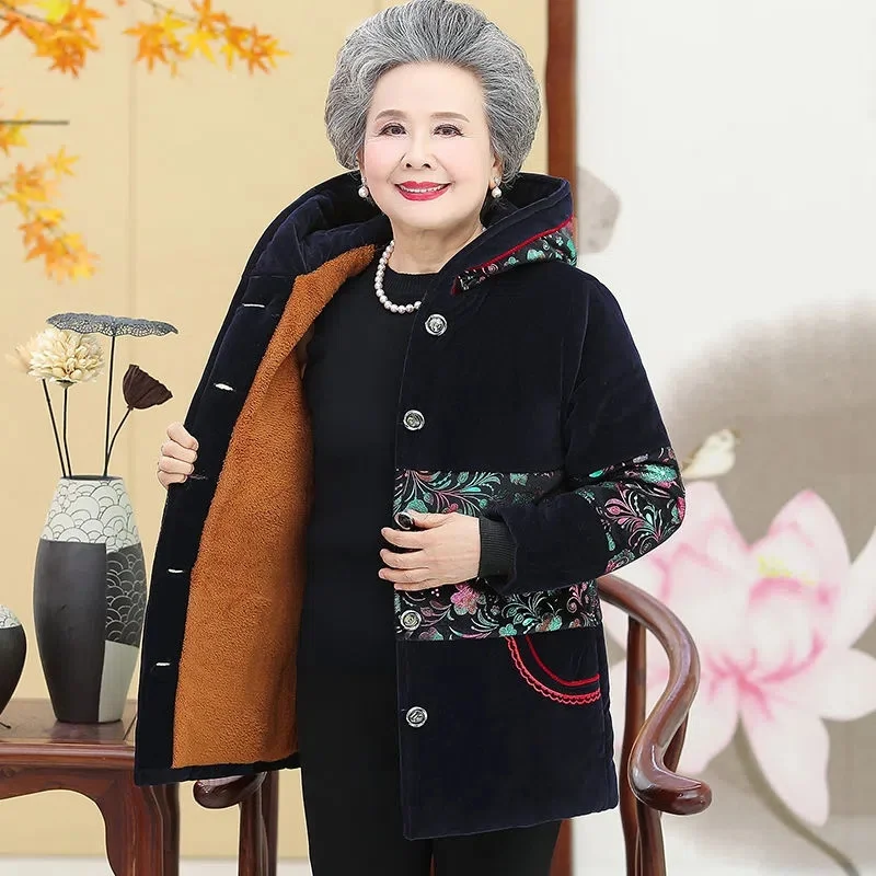 2024 Autumn Winter Women's Fashion Cotton-Padded Jackets Grandma Hooded Coats Thick Velvet Warm Middle-Aged Mother Parkas  M663