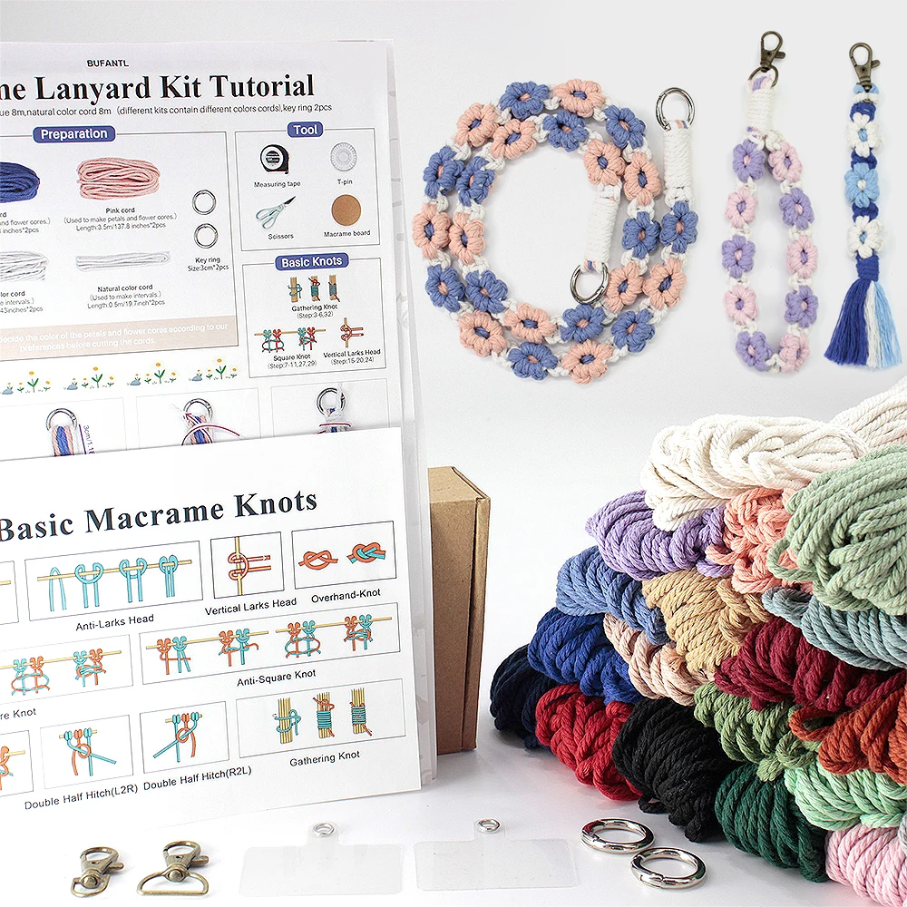 3pcs DIY Knitting Macrame Kit with Tutorial Daisy Cell Phone Pendant Lanyard Adult Wristband Key Chain for Beginners Handmade Cr
