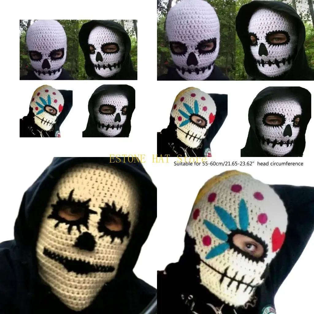 49MF Scary Halloween Knitted Hat Warm Full Face Cover Ski Mask Hat Windproof Balaclava Hat for Men Womens