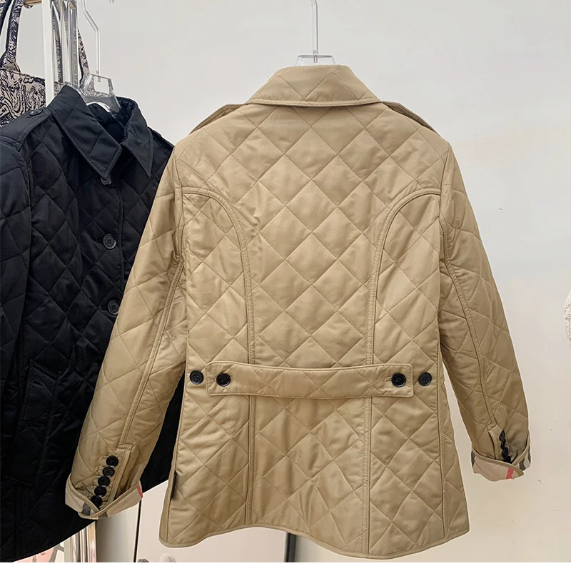 British Style Parkas for Women Rhombus Cotton Single-breasted Lapel Jacket Retro Slim Cuffed Coats Solid Winter Outwear