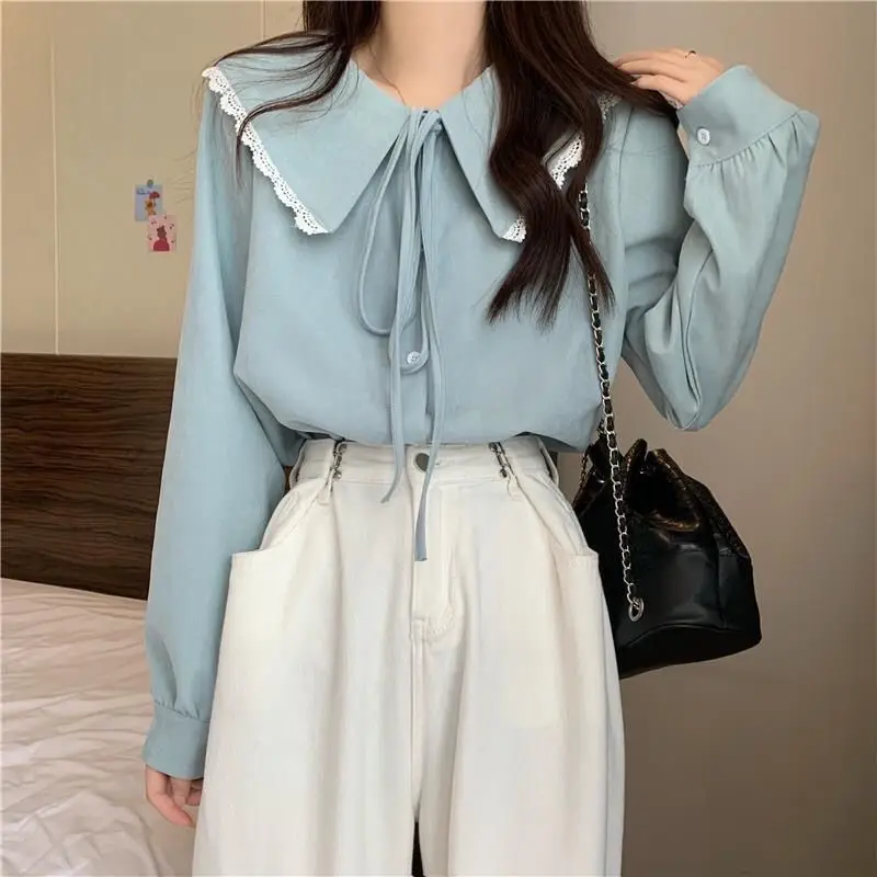 Spring New Long Sleeve Loose Casual Blouse Lacing All-match Solid Color Youth Korean Shirt Tops Fashion Sweet Women Clothing