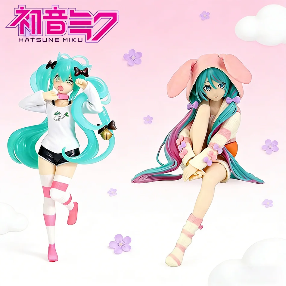 14cm Anime-Figur Hatsune Miku Noodle Stopper in Rosa Hasenohren-Pyjama-Version Stehende Version PVC-Modellpuppe als Schreibtischdekoration