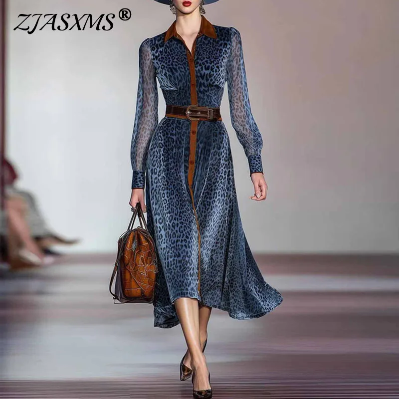 Sukienka imprezowa z siateczki w panterkę, patchworkowa, damska, zapinana na guziki, z kołnierzykiem, jesienno-zimowa, z długim rękawem, w stylu vintage, o kroju A.
