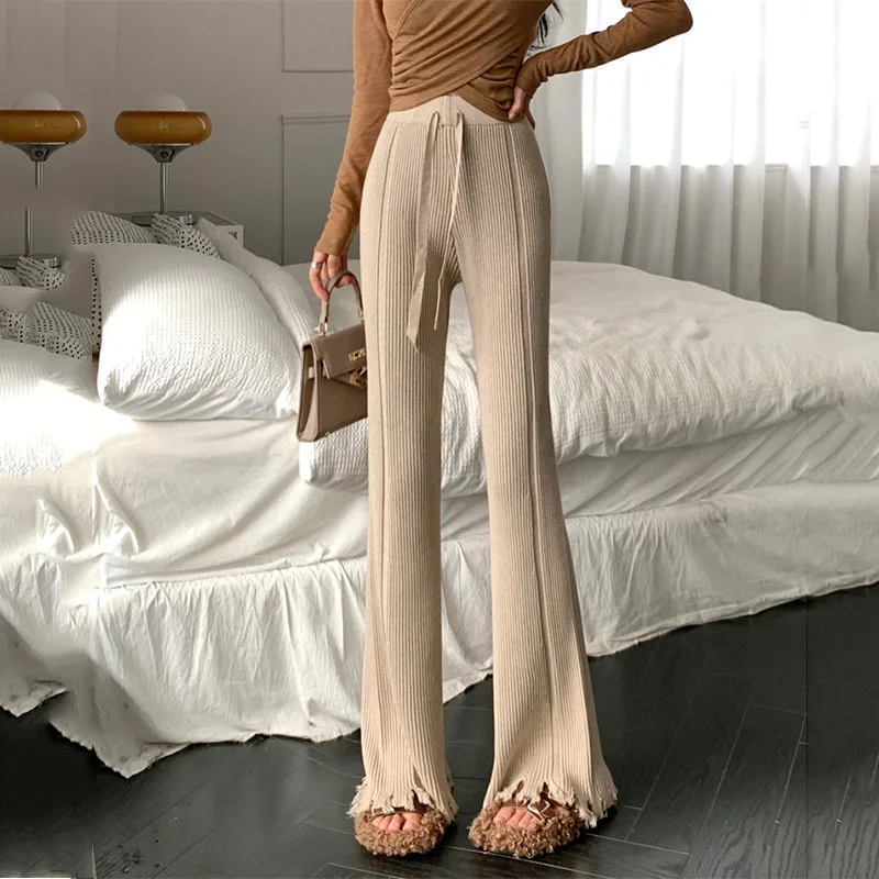 Tassel Korean Style Women Straight Knitted Pants  Bottoms Floor-length Trousers Causal Baggy High Waisted Drawstring Pants