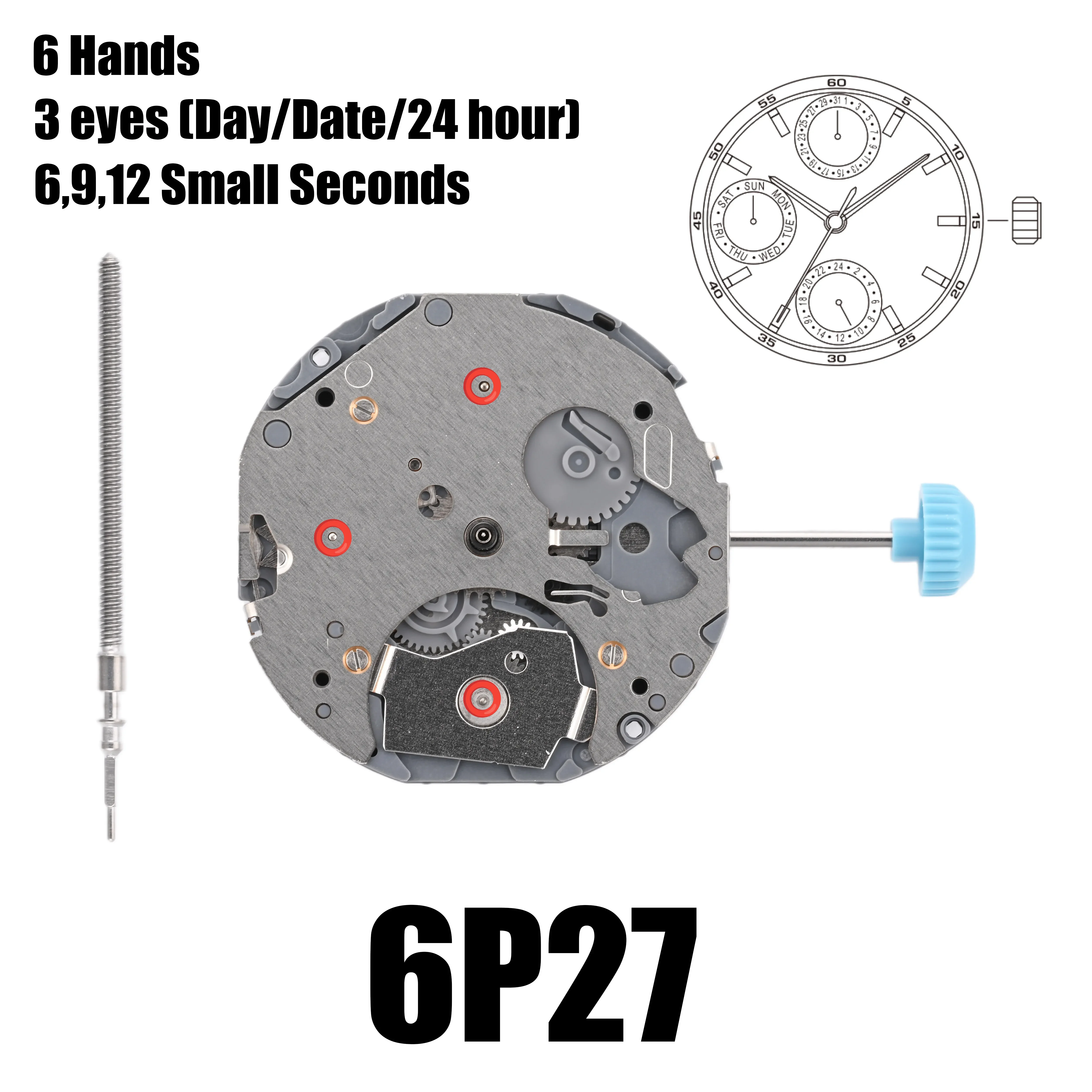 

6P27 движение Miyota 6P27 движение 6 стрелок 6:00 9:00 12:00 маленькие секунды (день/дата/24 часа) Размер 10 1/2 дюйма Высота 3,45 мм