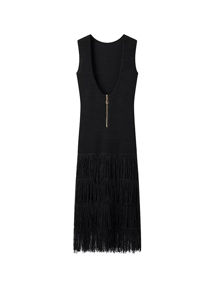 Women\'s Backless Zipper Fly Black Knitted Long Dresses,  Summer Fashion, Elegant Under Tassel, Elastic Slim Sleeveless Dress