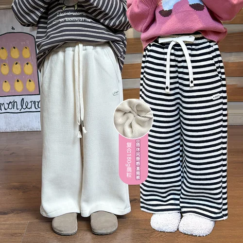 여아용 따뜻한 스트레이트 레그 팬츠, 한국 스타일, 루즈한 캐주얼, 단색, 심플한 따뜻한 어린이 바지, 겨울 의류 