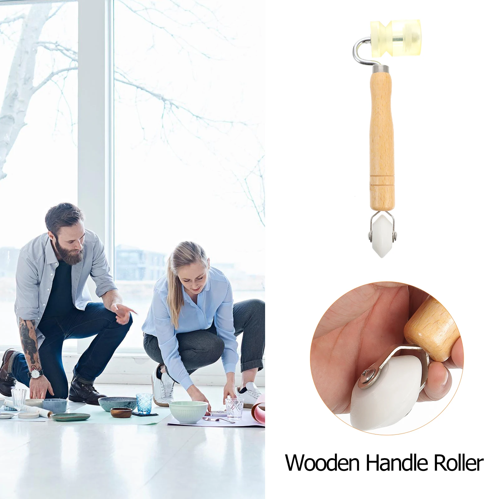 Double Head Wallpaper Construction Tool Seam Roller Wheel Premium Glue Wooden H Flexible Operation Safe Use Multi