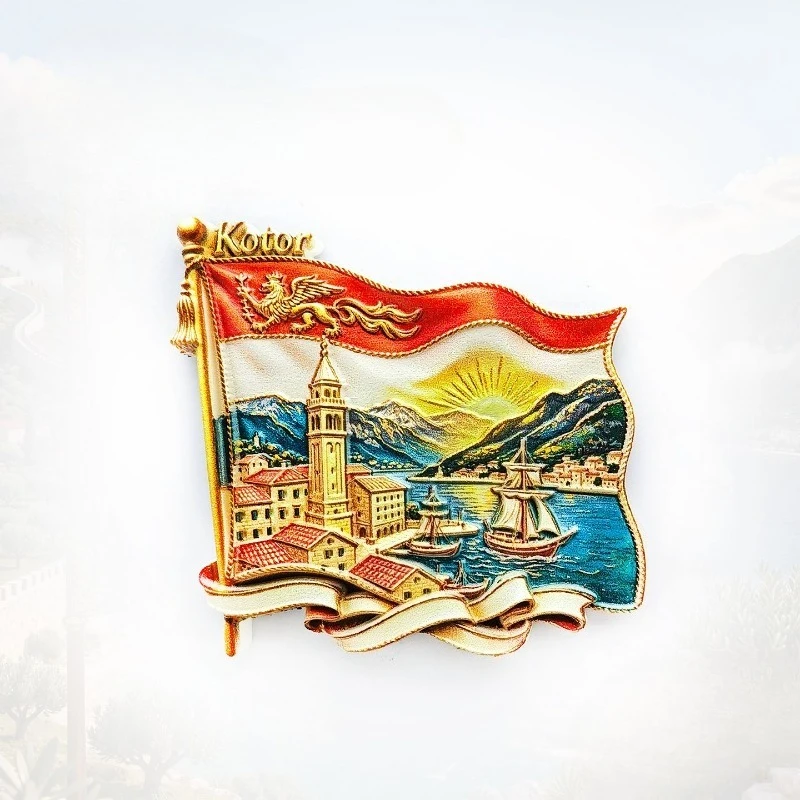 Kotor Flag Tower Sailboat Fridge Magnet - Picturesque 3D Adriatic Souvenir Unique Balkan Travel Gift for Coastal Historic Decor