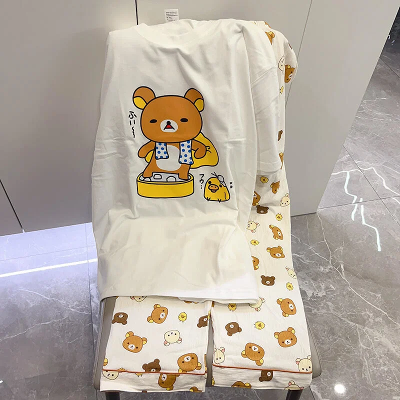 Rilakkuma Pajamas Set Y2K Tops & Tees Girls Pure Cotton Lazy Bear Spring Autumn Women Short Sleeve Long Pants Cute Top Pants New
