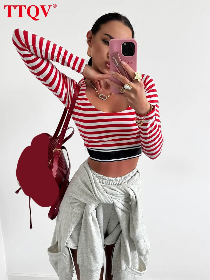 

TTQV Sexy Slim Red Stripe Women's T Shirt 2026 Bodycon U-Neck Long Sleeve T-Shirts Elegant Classic Crop Top Female Clothing