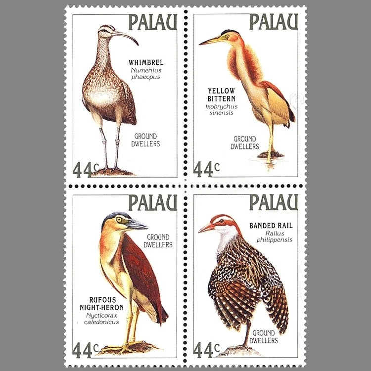 Juego de 4 sellos postales de Palau, 1988, con diseño de pescadillas, garzas y aves acuáticas, MNH