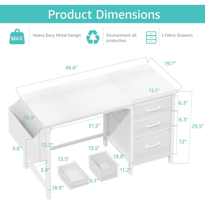 (UUX) White Fabric File Drawers , 47 Inch Reversible Computer Desk with Filing Cabinet for Bedroom Small Spa UQ