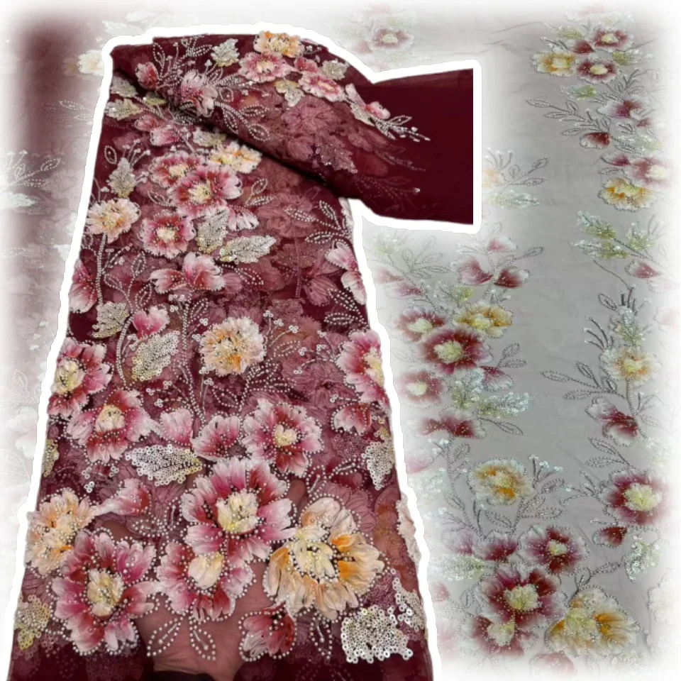 

Африканская кружевная ткань, новейшее высокое качество, 2021, нигерийское кружево с блестками, 3D вышивка, кружевная ткань для шитья платья, 5 ярдов, TP1594