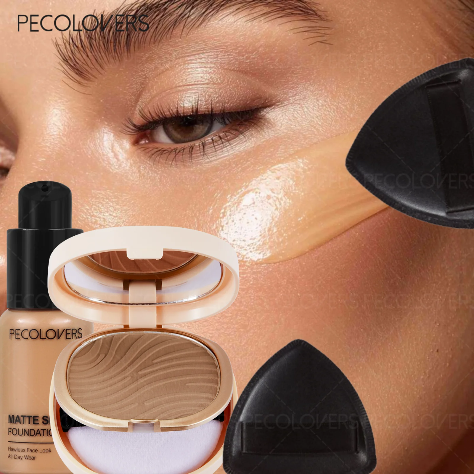 Juego de 3 Piezas: Base de Maquillaje Líquida Impermeable + Prebase + Esponja, Corrector de Larga Duración, Cubre las Ojeras, Maquillaje de Base Natural
