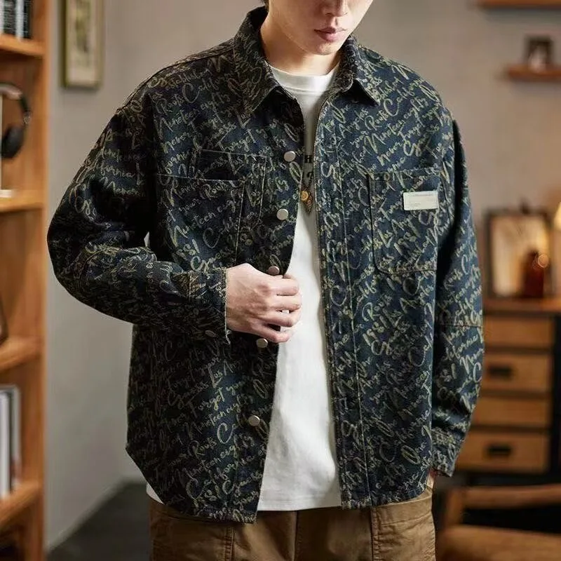 

Осень и весна, новая модная трендовая американская винтажная джинсовая рубашка с принтом, мужская свободная спортивная рубашка больших размеров, высококачественная рубашка с длинным рукавом