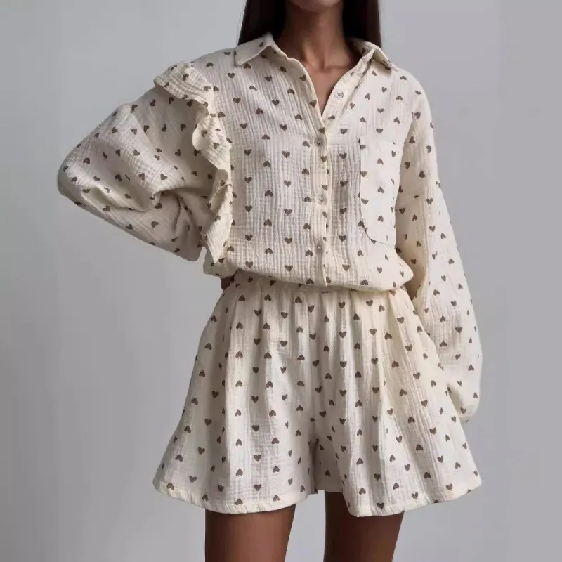 Spring Summer Lotus Leaf Love Ruffles Cotton Linen Home Service Suit Lounger Long Sleeve Shirt Pocket Shorts Pajamas Loungerwear