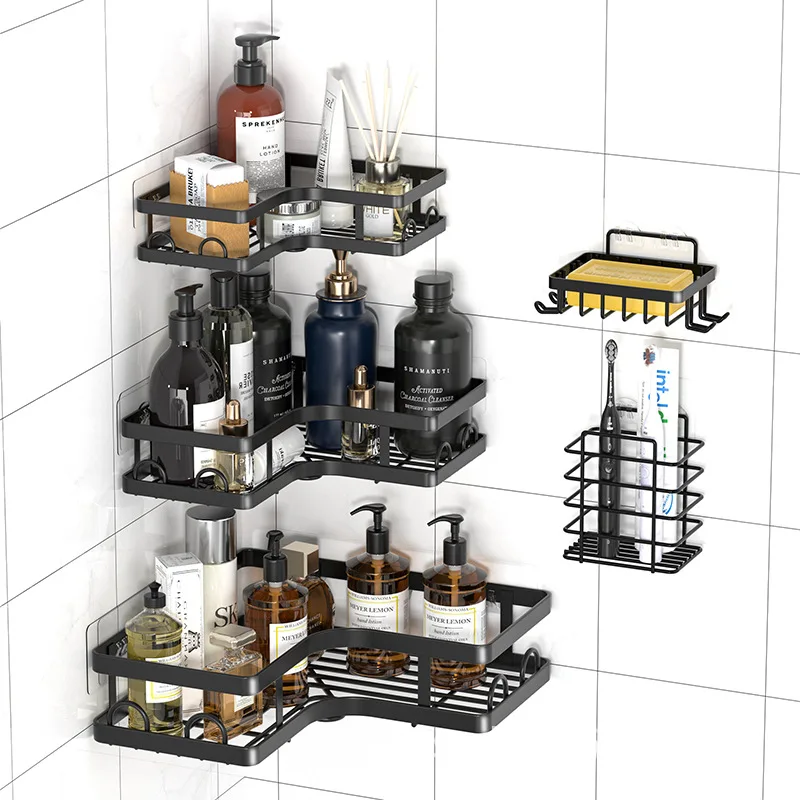 No punching bathroom storage rack, no nails, bathroom triangular wall hanging toothbrush holder, wall seasoning bottle rack