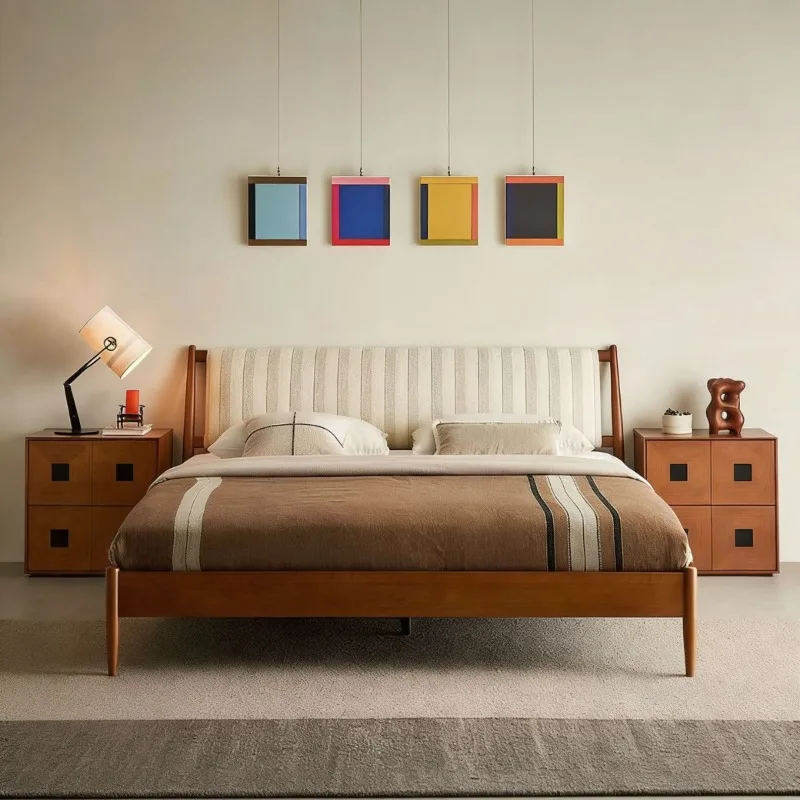 Fabric bed, French retro medieval striped removable and washable small apartment, double bed