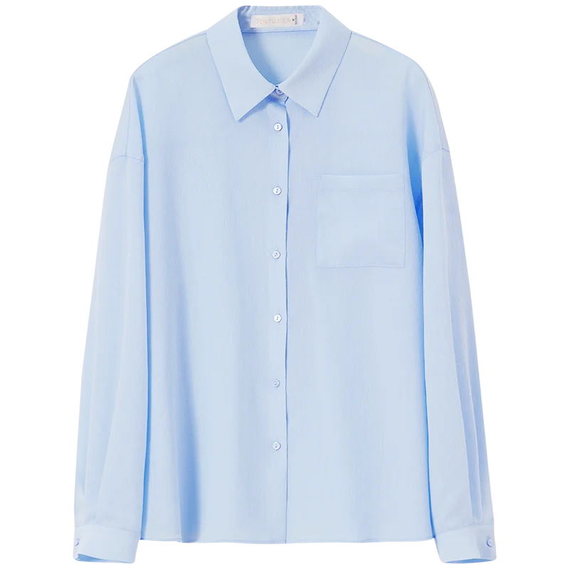 SENTUBILA Casual Women's Shirt Solid Loose Fit Fashion Turn Down Collar Single Breasted Folds Blouses 2025 Spring New 151C57686