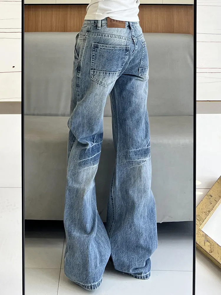 Washed Light Blue Crack Micro Flare Jeans Cleanfit American High Street Loose Handsome Men Straight Leg Jeans Casual Wear