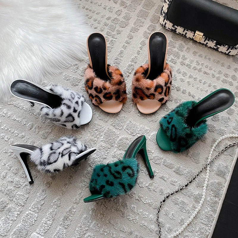 Summer Women's Fur Heels Sexy Fashion Leopard Print Design Peep-toe High-heeled Slippers Luxury Mink Fur High-heeled Slippers