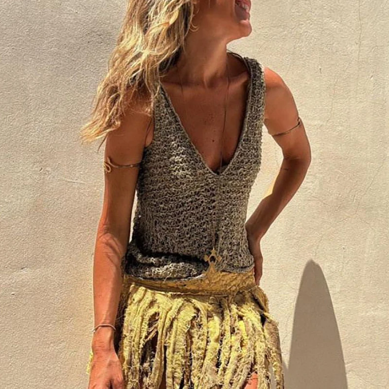 Chaleco sin mangas calado de verano para mujer, Tops a la moda con escote en V profundo, camiseta de playa tejida, blusas cortas ajustadas informales de lino